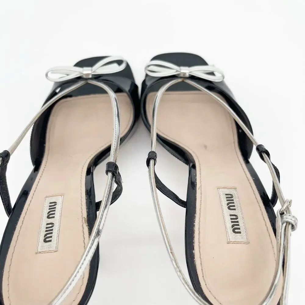 Miu Miu Black Patent Leather Silver Bow Slingback Heeled Sandal Heels IT 40
